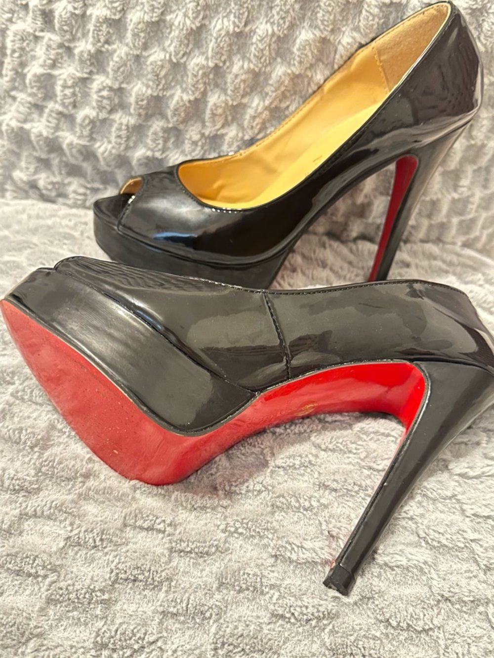 Black Patent Peep-Toe High Heels with Red Soles - Women